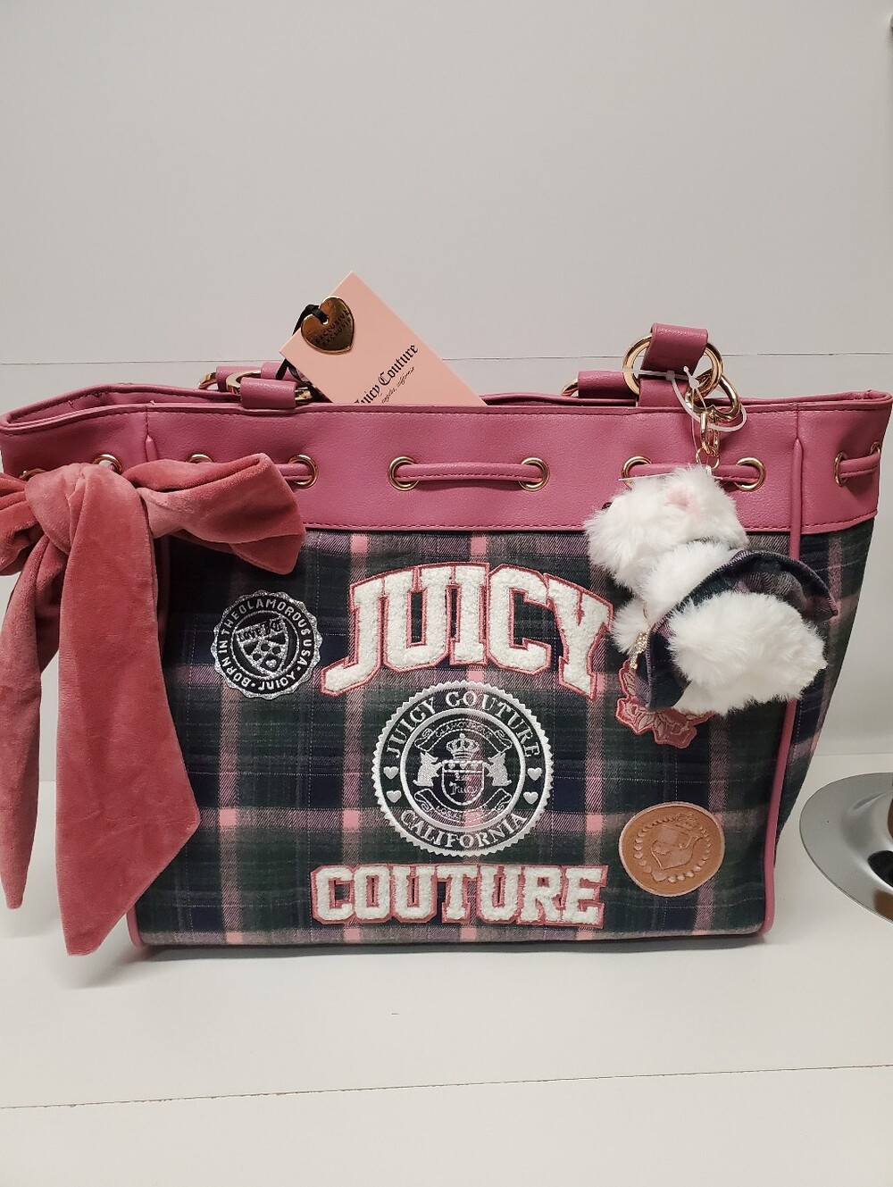 Juicy Couture Daydreamer Varsity Green/ Pink Plaid Tote with Bow and Plush Charm